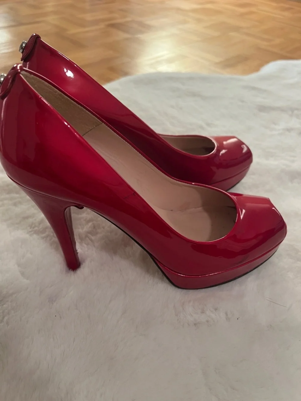 Stuart Weitzman Red Patent Peep-Toe Platform Pumps - Picture 11 of 14